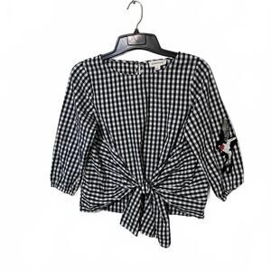 Coverstiched Black White Gingham Cottagecore Bird Embroidery Tie Front Top Small